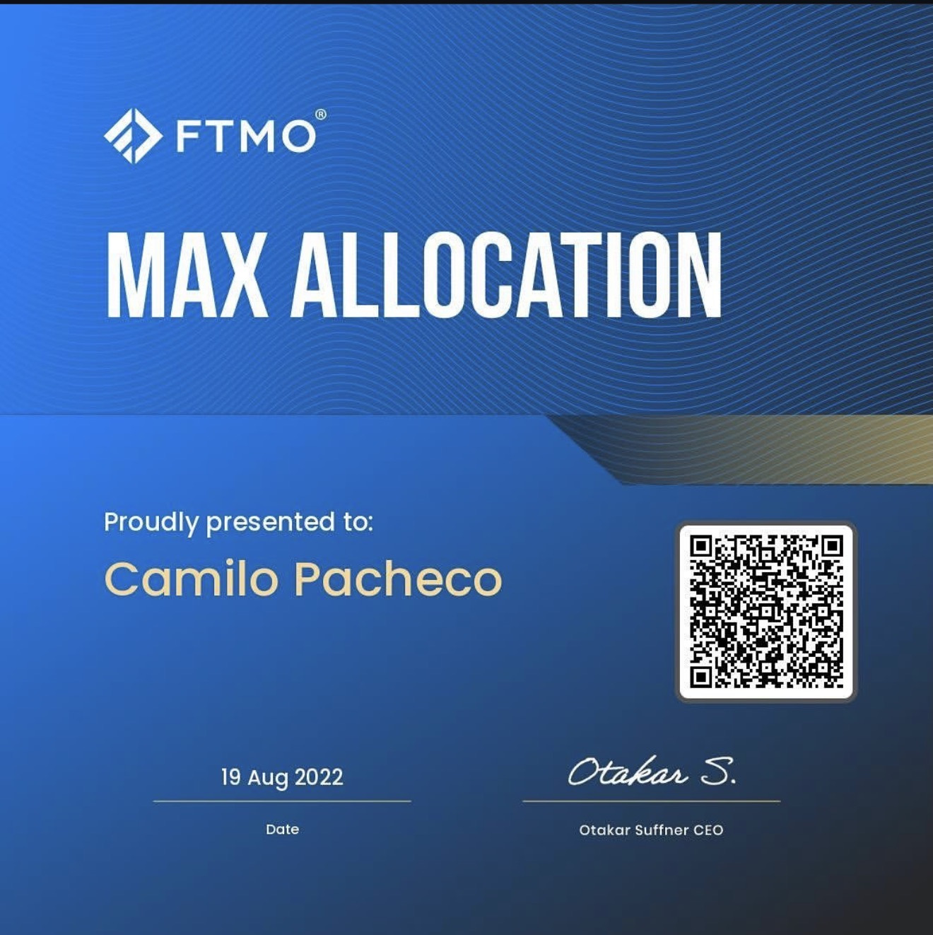 Certificado FTMO Max Allocation emitido a Camilo Pacheco el 19 de agosto de 2022
