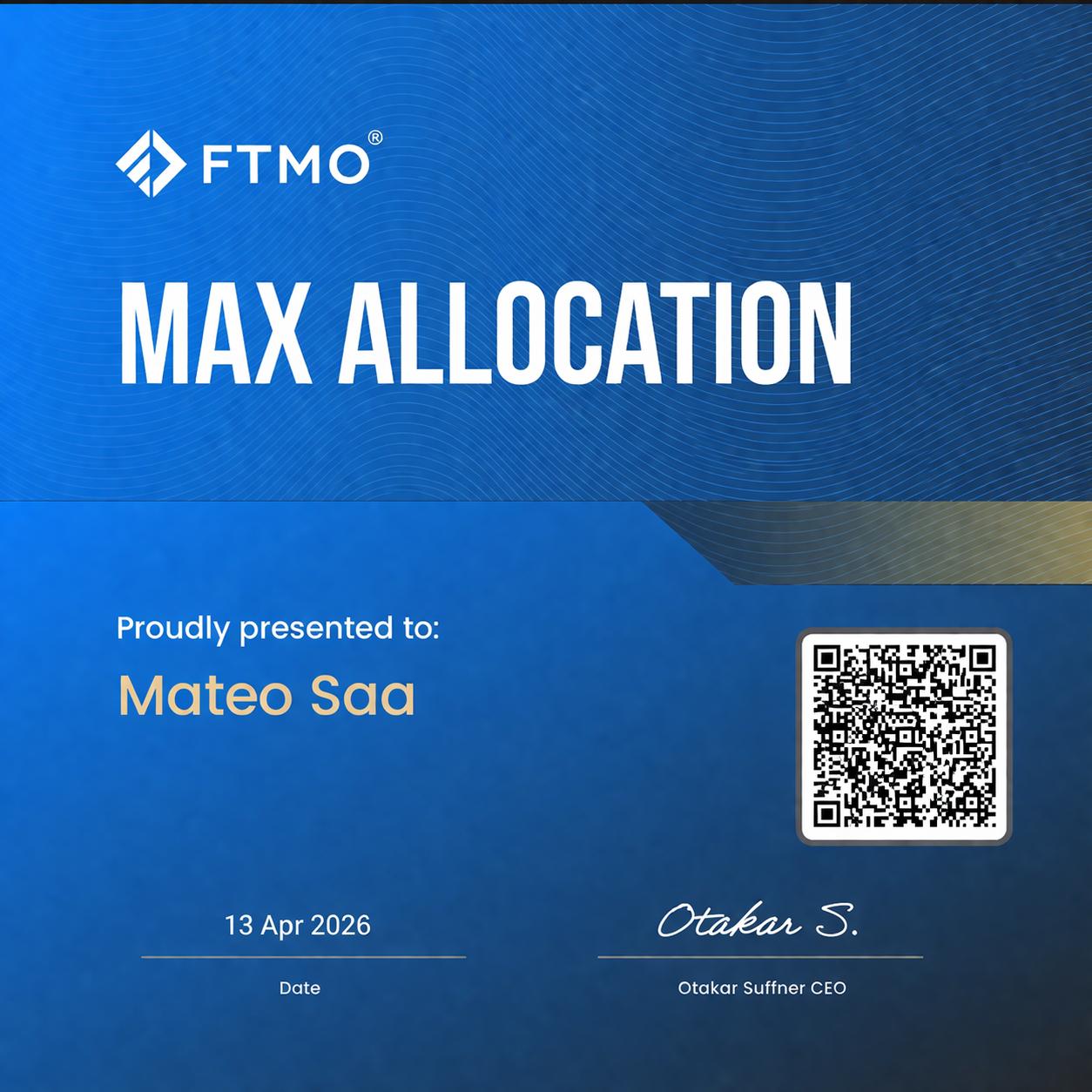 Certificado FTMO Max Allocation emitido a Mateo Saá el 13 de abril de 2026